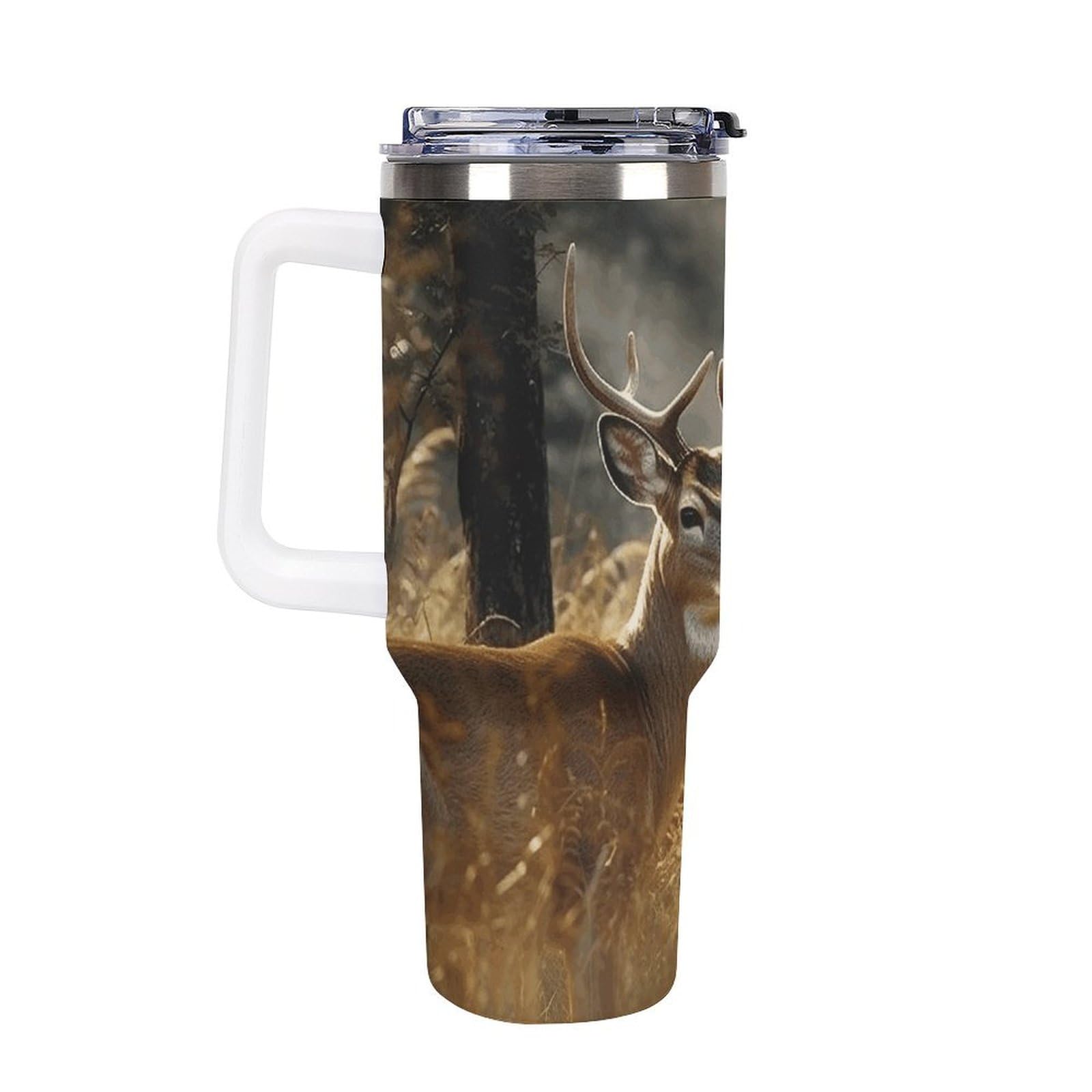 Edelstahl-Thermobecher mit Griff, Natur, Wildtiere, Hirsche, Edelstahl-Wasserflasche, hitzebeständig, auslaufsicher, geeignet für Auto-Becherhalter, 1,2 l