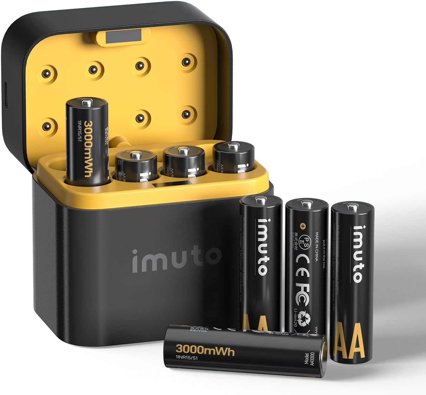 Imuto Rechargeable Batteries, AA 1.5 V, Rechargeable AA Lithium Batteries, Set of 8, 3,000 mWh, Large Capacity Rechargeable Battery, Self-Discharge Control, 1,600 Cycles, Ultra Long Lasting Time