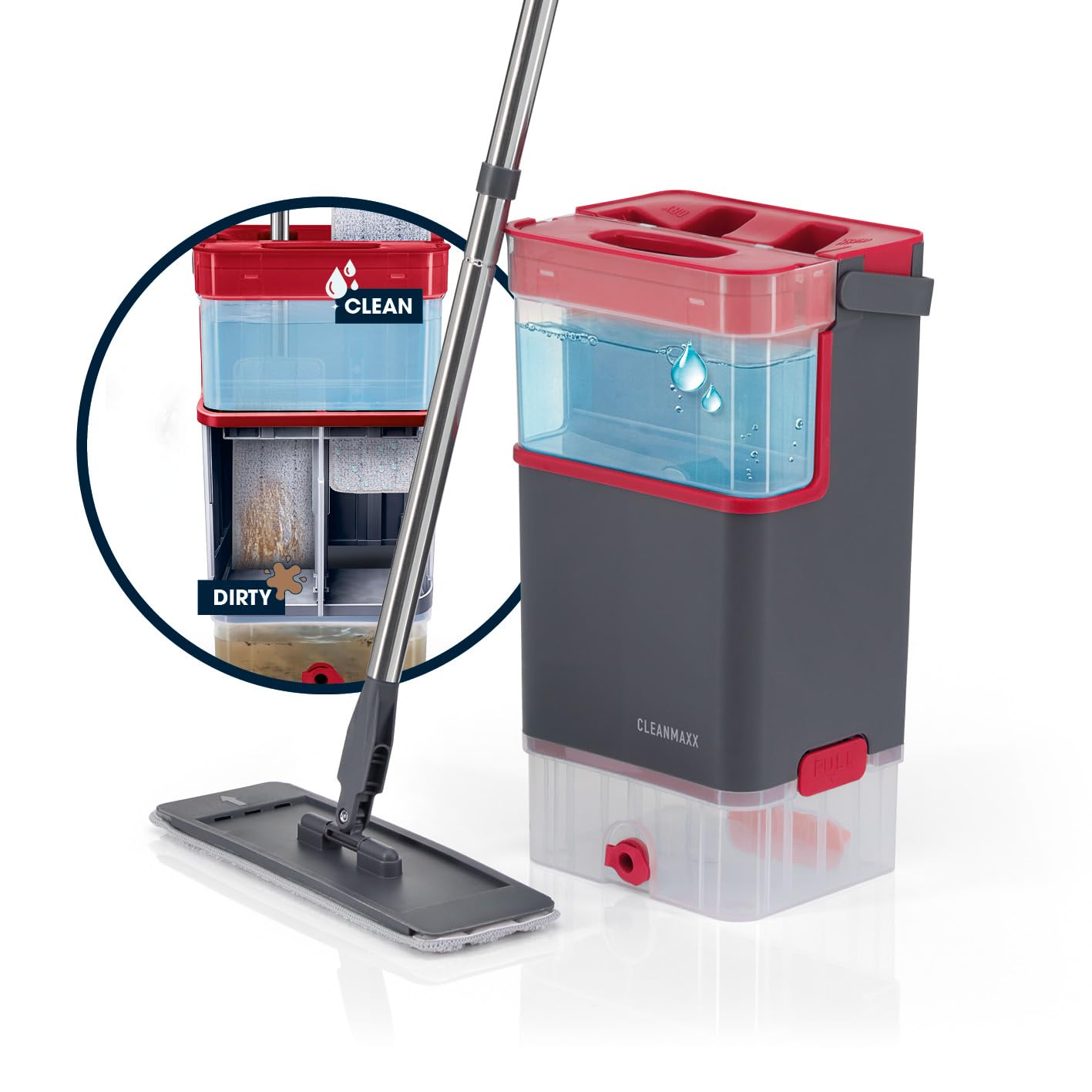 CLEANmaxx Comfort Mopp DuoTank - Lavapavimenti con serbatoi rimovibili, mocio con acqua fresca e sporca separata al 100% igienica, zone Wash & Dry, manico da 132 cm, con 2 panni in microfibra inclusi