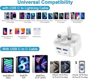 USB C and USB Plug UK Fast Charge,40W Multi USB Plug Fast Charger 20W Dual USBC Power Adapter i Phone Apple Type C Plugs with USB Port Head for iPhone 17 16 15 14 13 12 11 Pro Max Plus iPad 10th A16