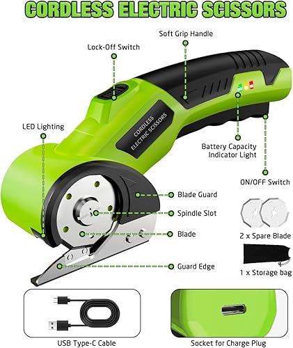 Miniatura 6 de Tijeras Eléctricas Inalámbricas Cortador de Cartón Recargable de 4V, 3 Cuchillas, Bloqueo de Seguridad y Luz LED, Cortador de Cajas para Cartón,