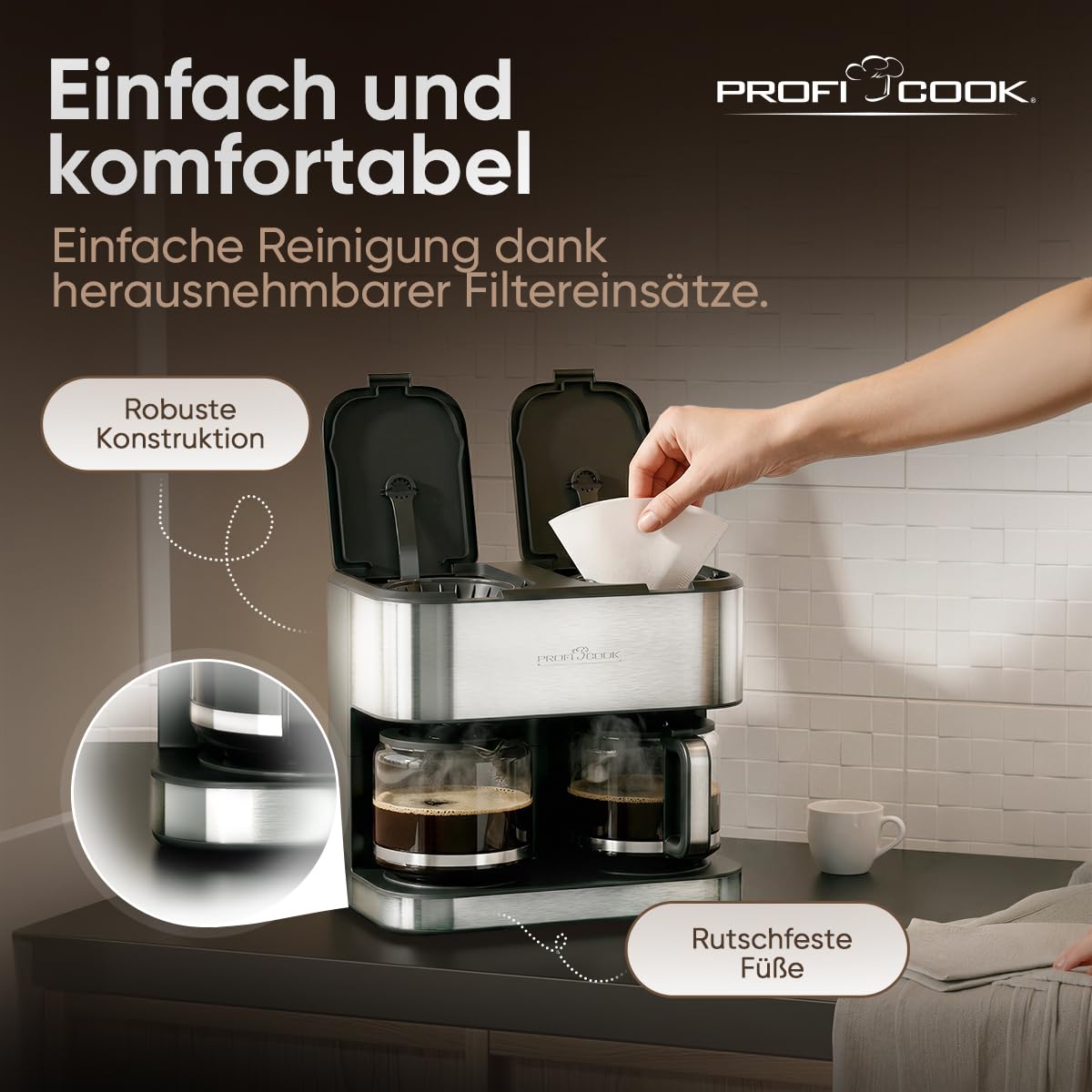 ProfiCook® Macchina da caffè doppia | 3,6 l | fino a 32 tazze | 2 sistemi di erogazione separati | alloggiamento in acciaio inox | antigoccia | macchina da caffè filtro | 2000 W | Coffee Machine |