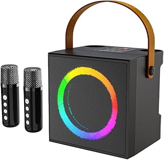 YIWEOG Máquina de karaoke con 2 micrófonos inalámbricos, micrófono BT y altavoz, juego de KTV con efectos de luz de colores, altavoz con controlador de 10 W y 4 pulgadas, micrófono de mano, sistema de