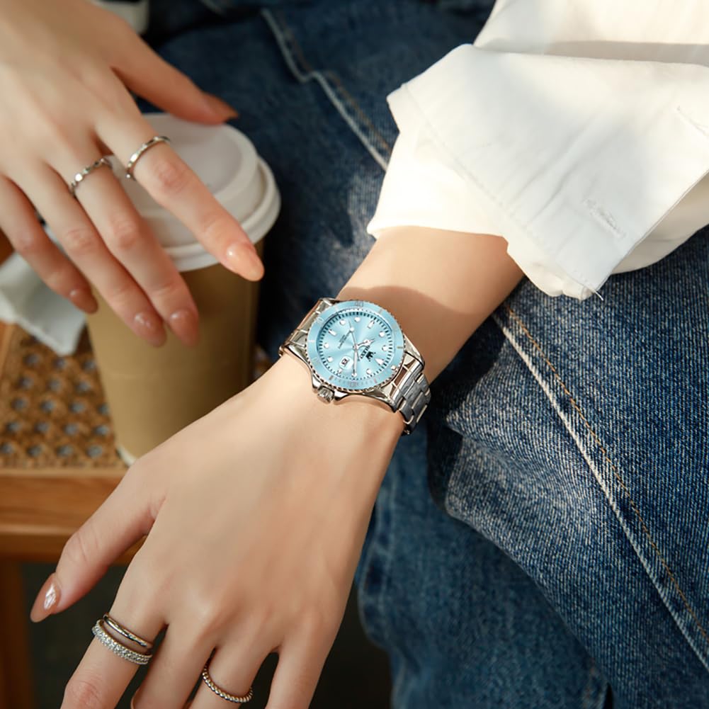 OLEVS Luxus Quarz Damen Uhr Edelstahl Armband Datumanzeige 3ATM Wasserdicht Business Armbanduhr Damen