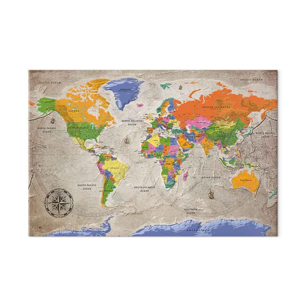 murando - Mapamundi con tablero para clavar chinchetas 120x80 cm - Cuadro | Lienzo estructurado - Panel de Fibra - Mapa del Mundo Continente