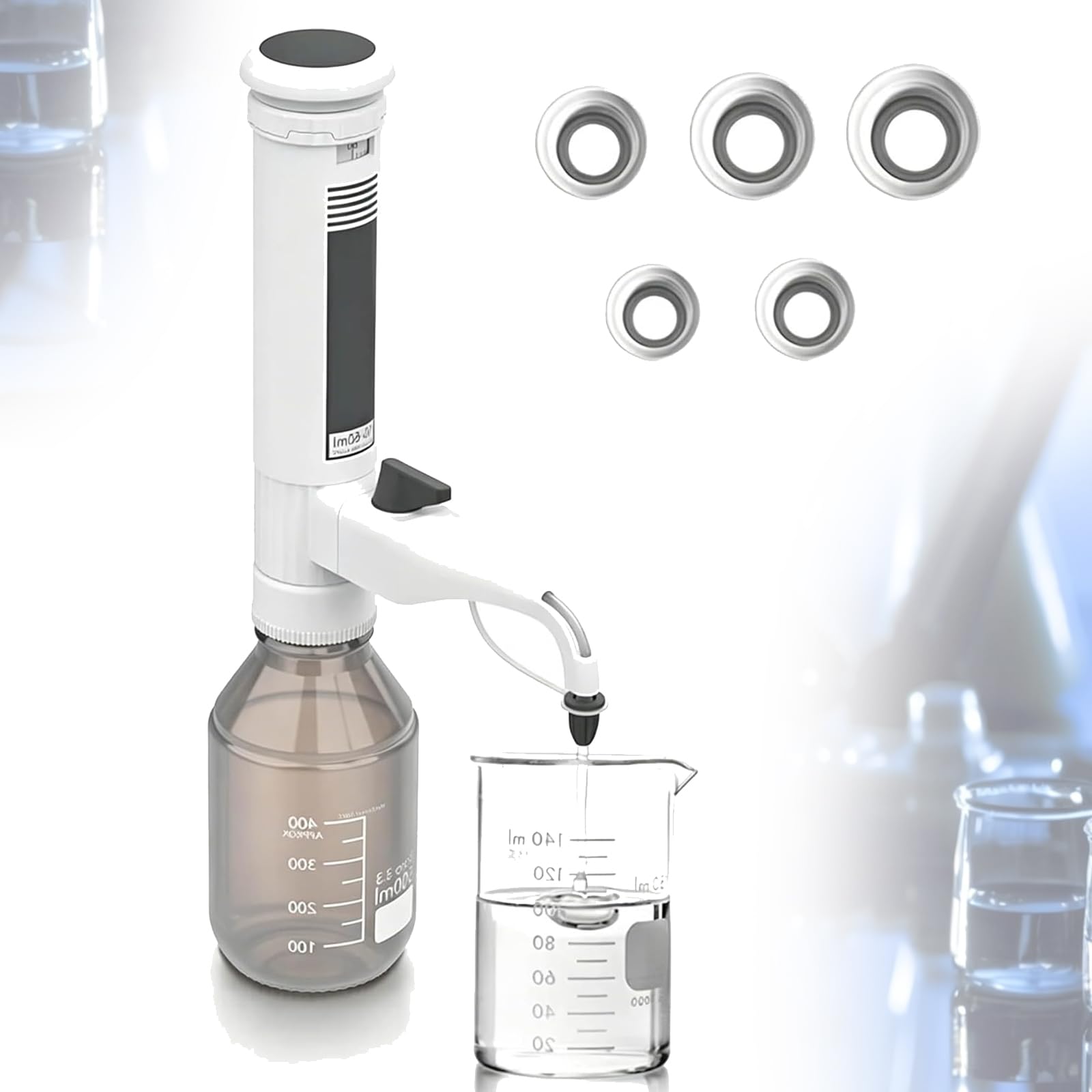 VILA SMO Laboratory Bottle Dispenser, Adjustable 0.5-60ml Liquid Pipette, Double Valves, Digital Display, Gear Adjustment, Precise Liquid Handling For Chemical Research (bottle Not 0.5-2.5ml
