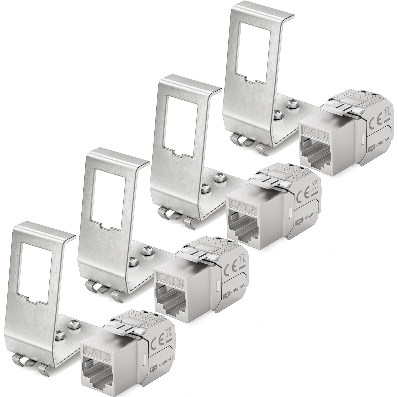 hb-digital CAT 8 4X Keystone Modul mit 4X 1-Port Hutschienenadapter Keystone-Halterung Metall Edelstahl STP 40 Gbit/s 35 mm Hutschienen werkzeuglos LSA