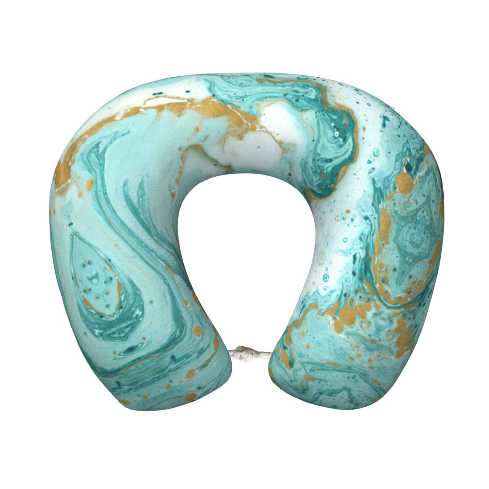 ASFgda U-Shape Memory Foam Turquoise Gold Marble Print Travel Pillow,Neck Support,Washable Cover For Airplane Car Home Office