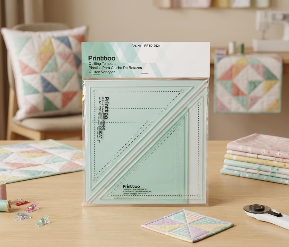 Printtoo Set di modelli triangolari a 90 gradi, 2 mm, in acrilico, per trapunte, patchwork, 7,6 cm, 10,2 cm, per metà quadrato, triangolo, blocchi, taglio tessuto, cucito, fai da te, creazione di