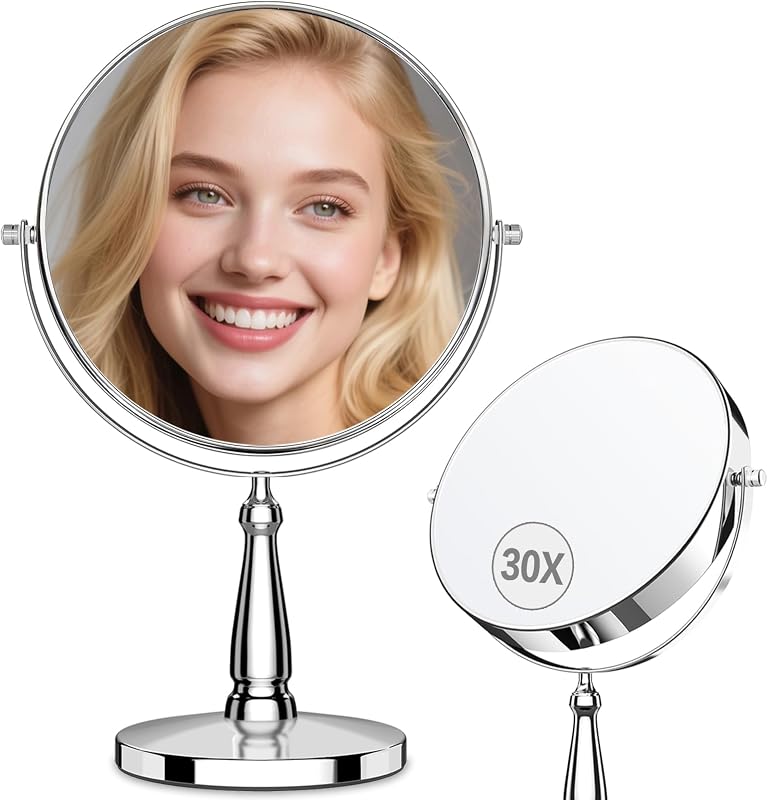 Espelho de Mesa WOOCICA com Aumento de 30x, Dupla Face, Giro de 360°, Estrutura Metálica, 20,32 cm