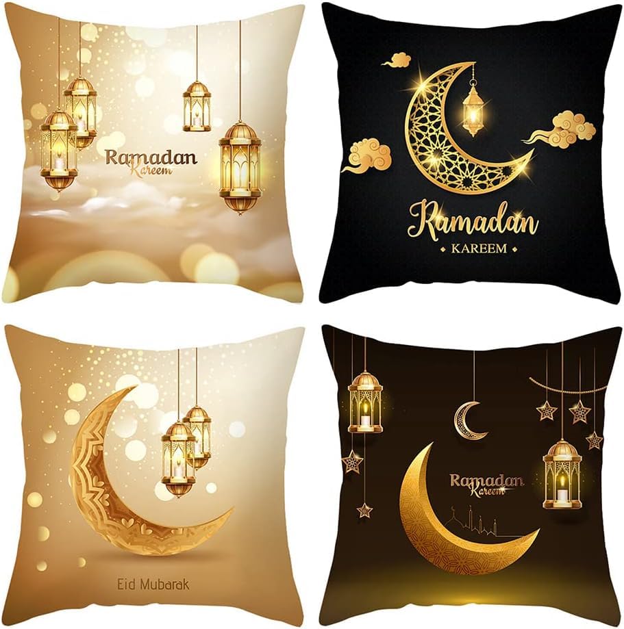 Coolchic Ramadan Throw Pillow Covers Set of 4, Ramadan Decorative Pillow Covers Square Pillow Cases Moon Printing Soft Comfor Cushion Case Party Home Sofa Decor 18 X 18 Inch