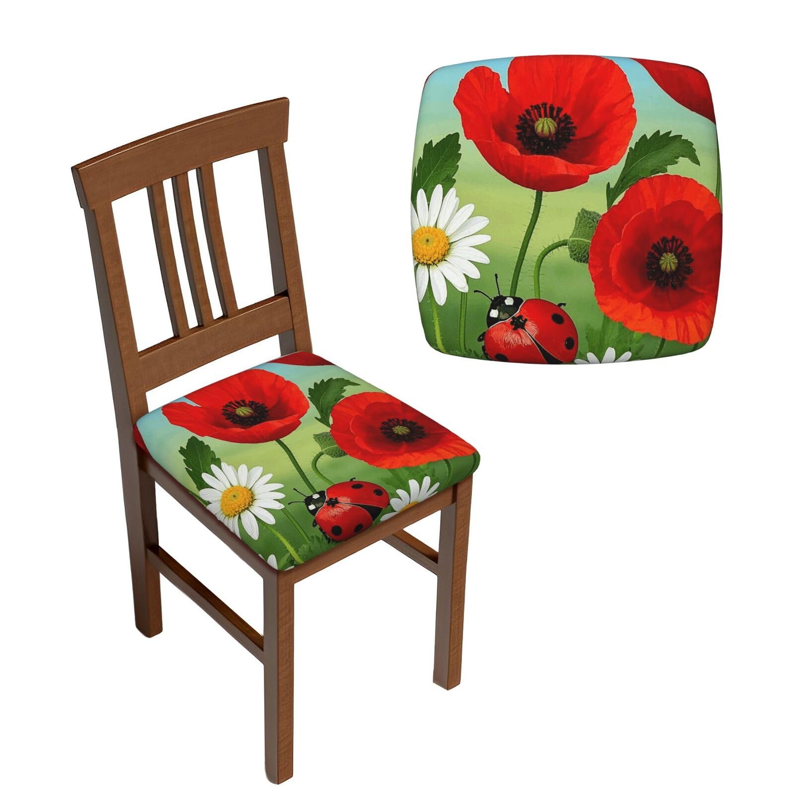 FodPand 6PCS Dining Chair Covers for Dining Room Chamomile Ladybug and Daisy Chair Seat Cover Stretch Parsons Chair Slipcover Removable Washable Seat Cushion Slipcovers Cover for Kitchen Office