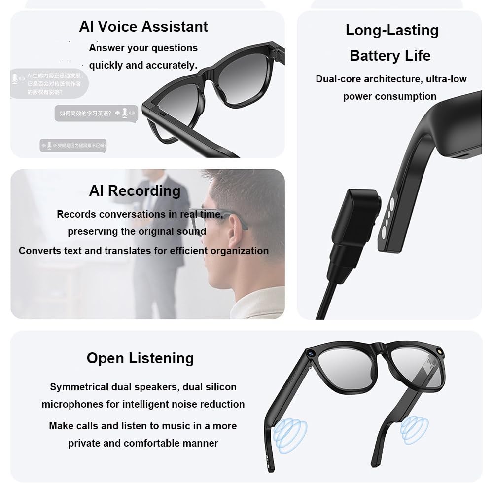 Gafas Antiluz Azul,Grabación De Fotos Y Vídeos De 800W,Reconocimiento Y Traducción De Imágenes Inteligente con IA,con Asistente De Voz,Diseño Abierto,para Viajes,Trabajo Y Negocios Black