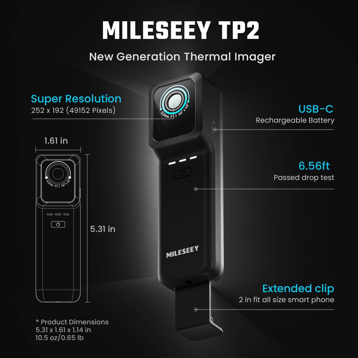 MiLESEEY TP2 Cámara Termográfica para Smartphones con Resolución IR de 256 x 192 para iOS y Android, Rango de Temperatura de -4 °F a 1022 °F y Sensibilidad Térmica de 40 mK (TP2)