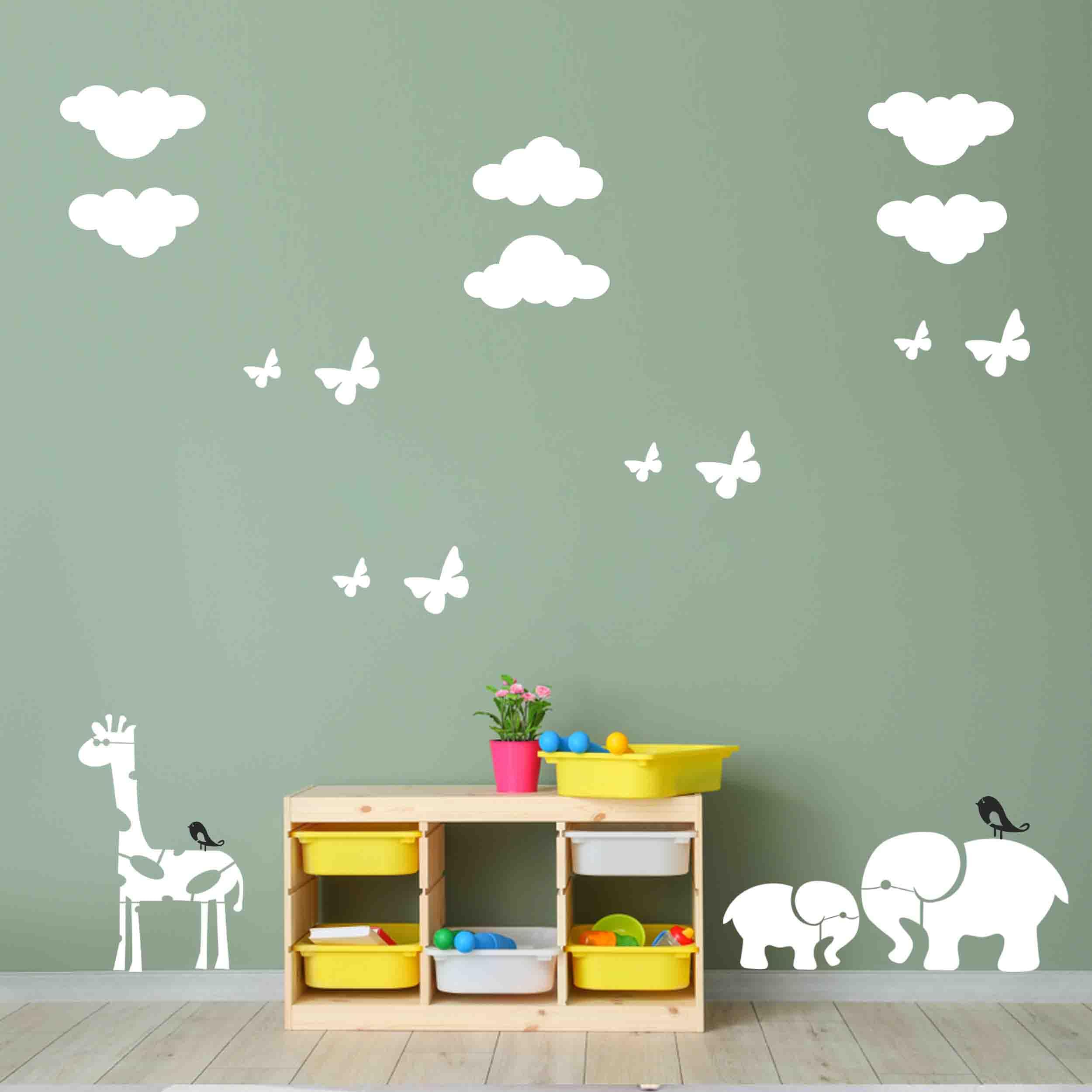 ARandNJ Theme- Elephants Design (16X24 Inch), Giraffe Design (12X18 Inch), Clouds Design (12X18 Inch) & Butterflies with Sparrows Design (12X12 Inch) Ideal for Kids Room and Play School (Pack of 5) 3
