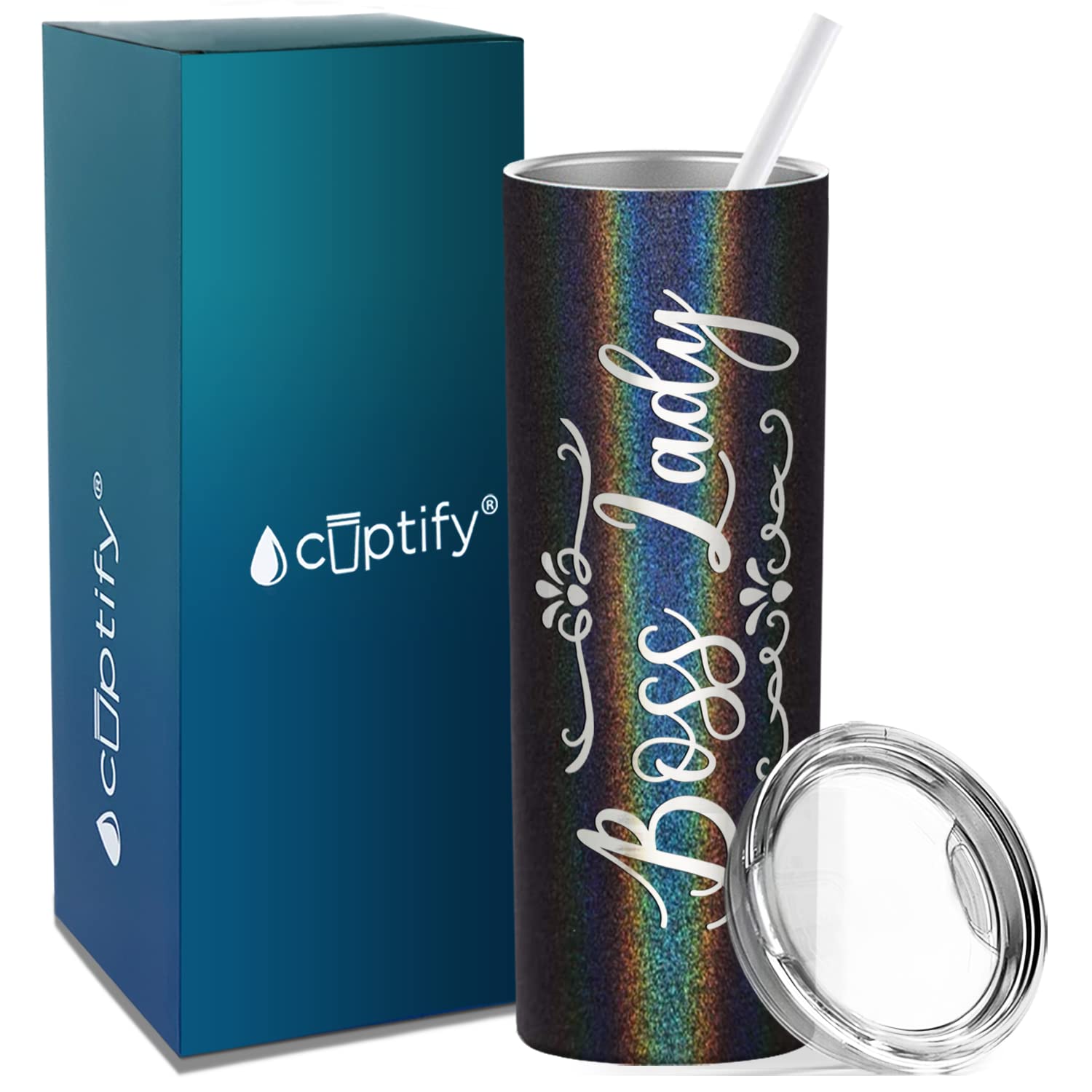 Cuptify Boss Lady Skinny Tumbler z pokrywką i słomką, grawerowany laserowo na czarnym brokacie, 590 ml, izolowany prezent urodzinowy ze stali nierdzewnej, prezenty dla kobiet, szefowa kobieta