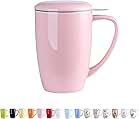 LOVECASA Porzellan Teetasse, 450 ml Becher mit Deckel und Edelstahl Teefilter für Früchtetee, lose Tee, im BüroRosa