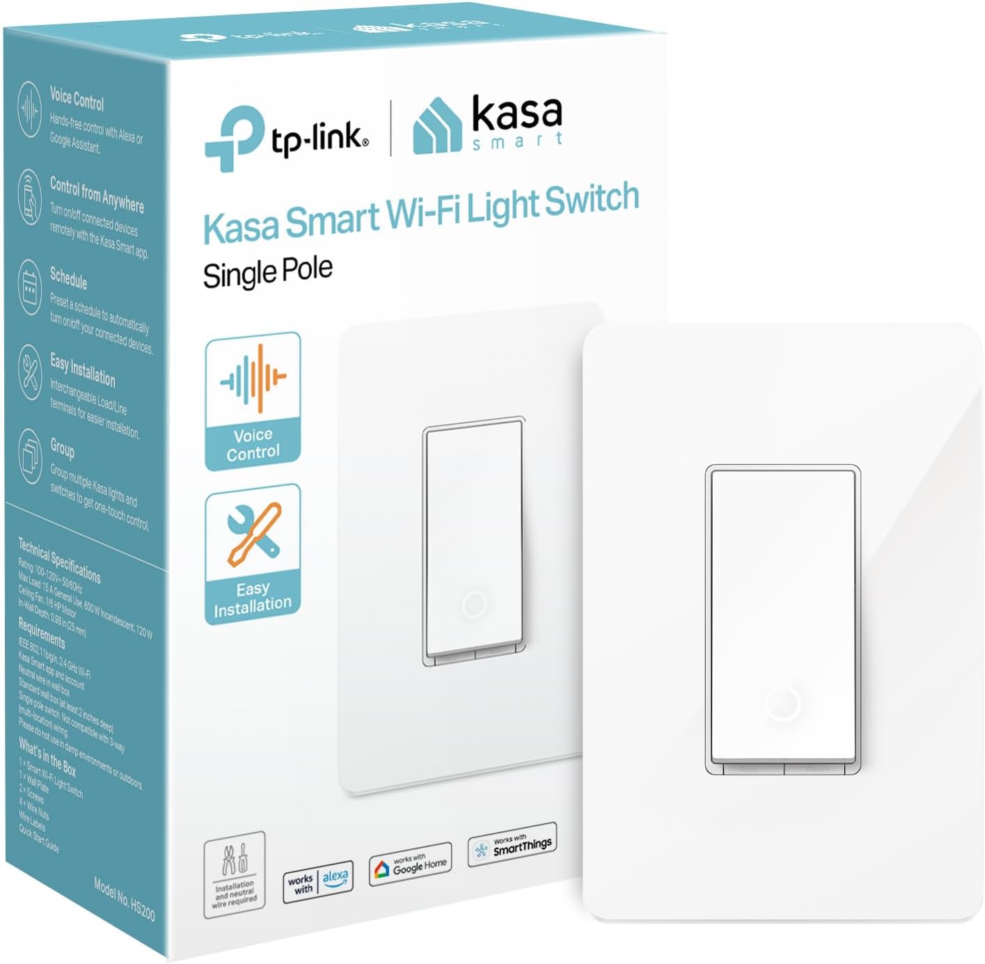 Light Switch, Single Pole, Need Neutral Wire, HS200 | 2.4GHz Wi-Fi, Works with Alexa & Google Home, UL Certified, No Hub Required, White