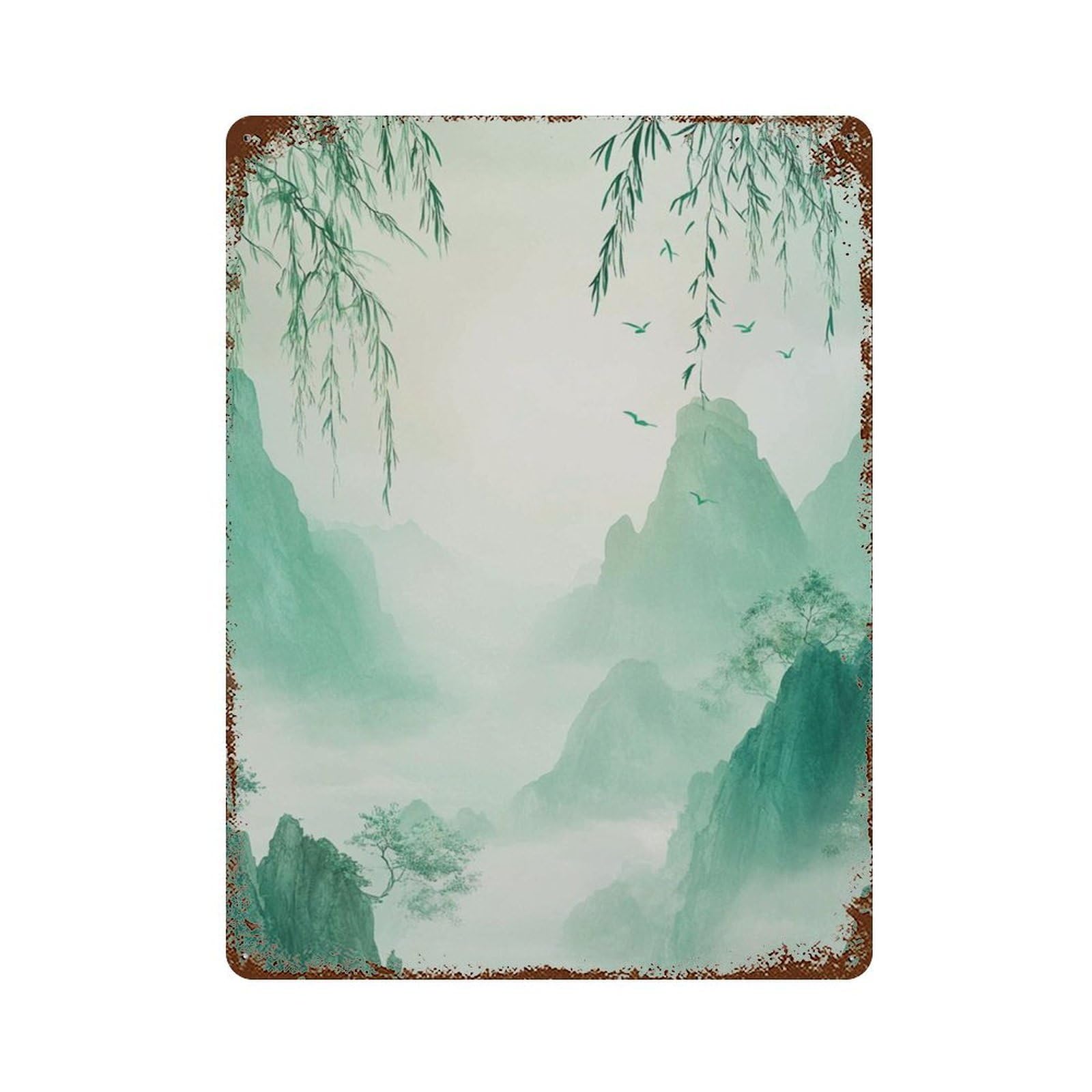 xiaoxiaoshen Green Misty Mountain Tranquil Asian Landscape Zen Nature Calming Wall Decor Art Metal Tin Poster Modern Home Decor Art Home Bar Shop Decorations Vintage Sign 40x30cm