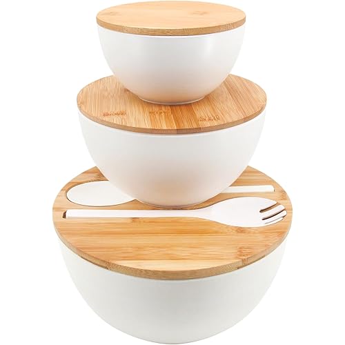 Salad Bowls Set of 3 with Lid & Serving Utensils, Bamboo Fiber Mixing Bowls Set Large Serving Bowls & Storage Set with Bamboo Lid for Salad, Kitchen Eating, Pasta, Popcorn, Chips, Fruit, White