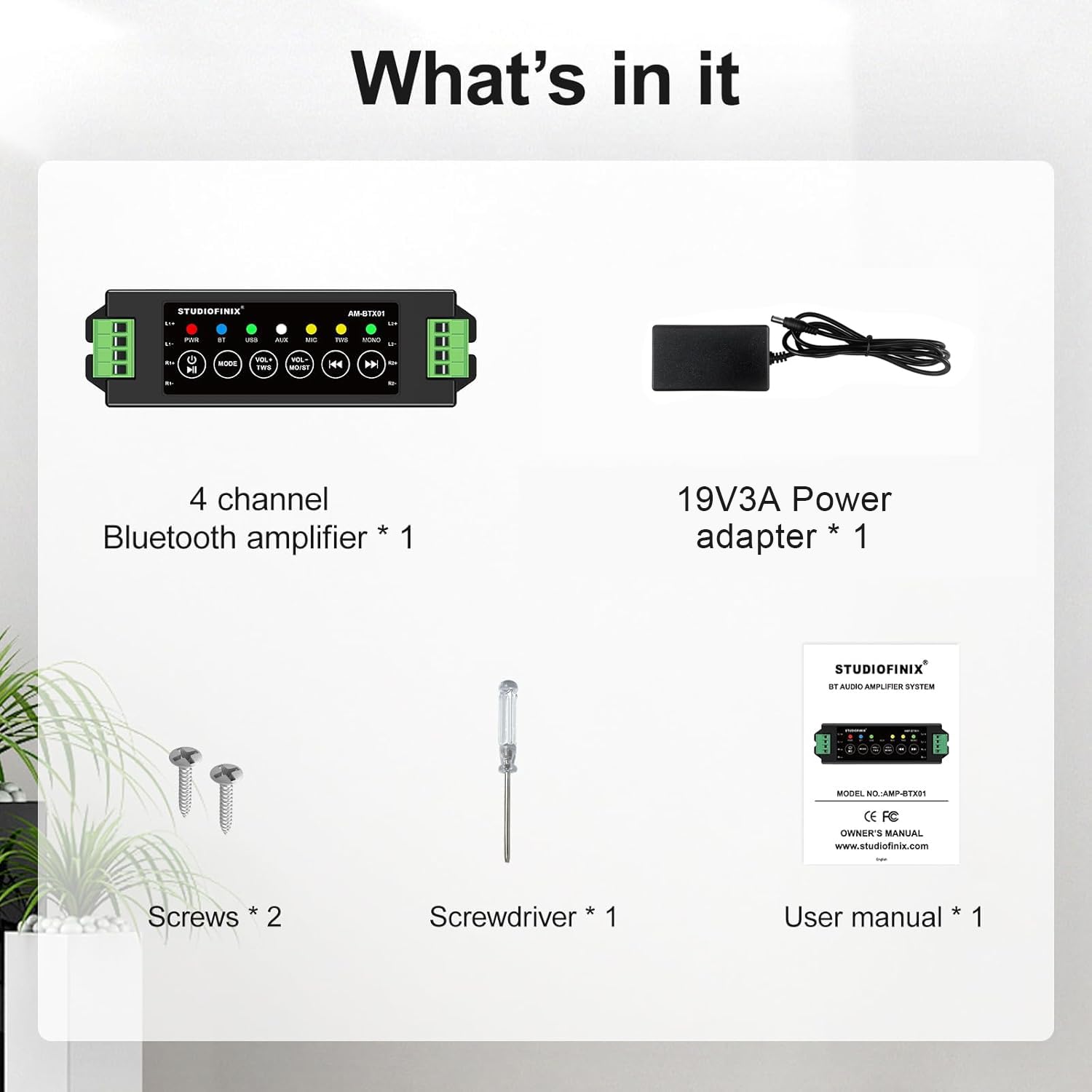 STUODIOFINIX Mini Amplificador Bluetooth de 4 Canales 120w para Altavoces pasivos con TWS, AUX, Mic, USB, Recambio, Apto para Altavoces de Pared/Techo/Marino/estantería
