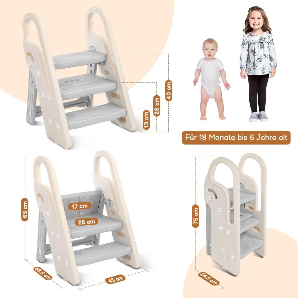 Onasti Tritthocker für Kinder, 2 Stufen - 3 Stufen Höhenverstellbar Kinderschemel, Trittschemel für Baby, Lernturm mit Handhaben, Faltbar, Multifunktional, für Bad, Kleinkinderzimmer, Küche (Grau)