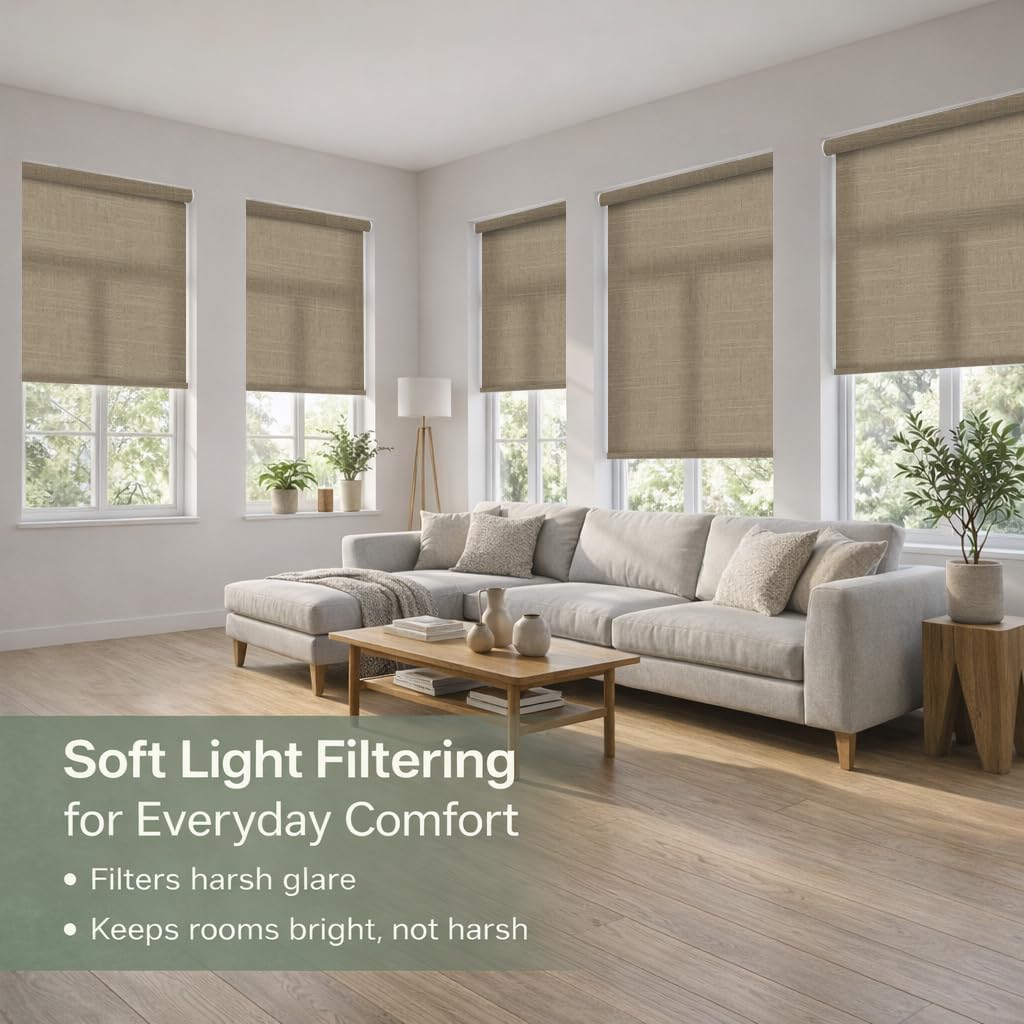 ZSHINE Motorized Roller Shades Rechargeable Motor Light Filtering Fabric Customized Size for Windows, Home, Office, Hotel, Club, Restaurant (82027F)