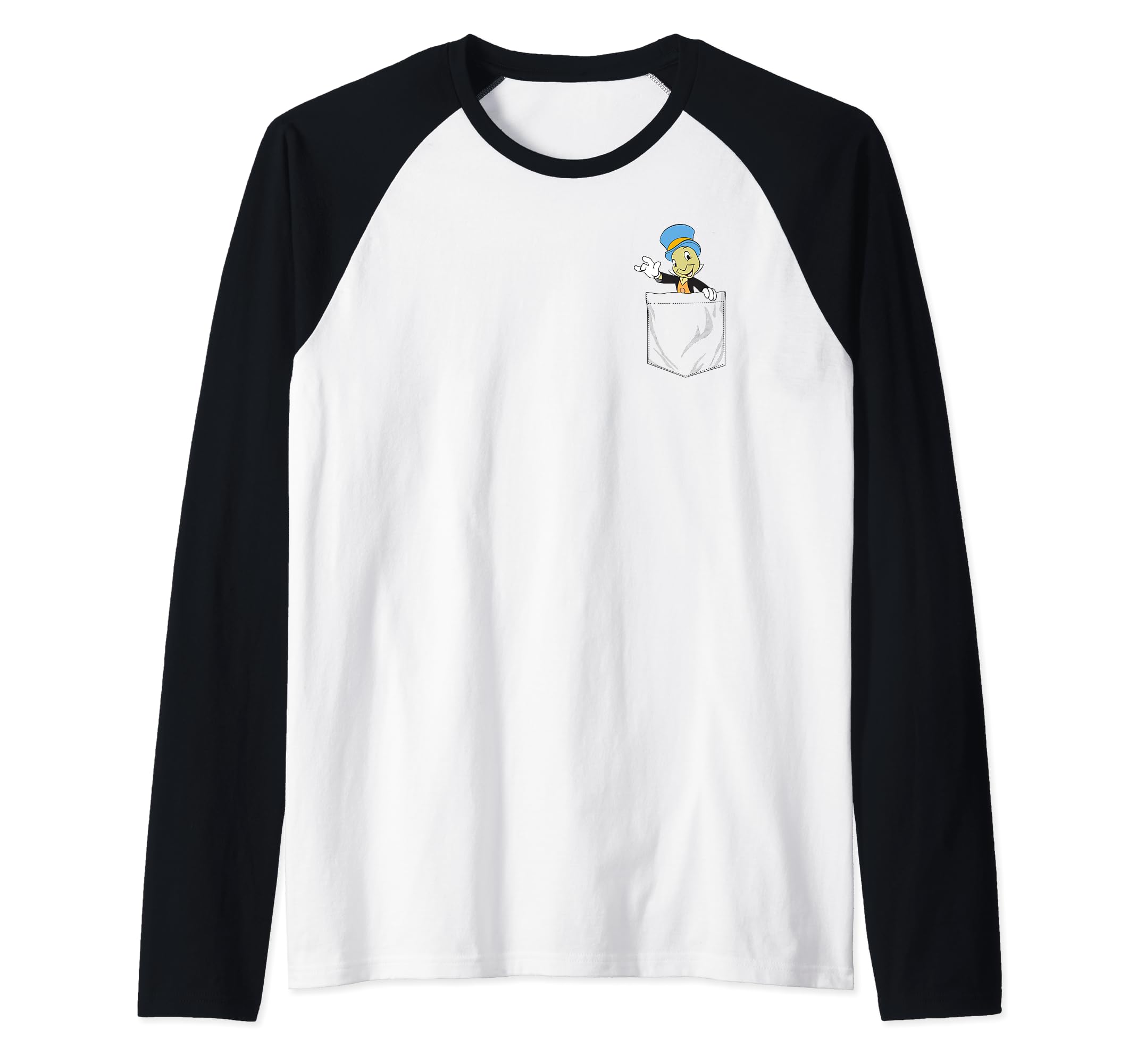 Disney Pinocchio Jiminy Cricket Faux Pocket Raglan Baseball Tee, Black