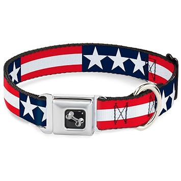 Dog Collar Seatbelt Buckle Stars Stripes Blue White Red White 11 to 17 Inches 1.0 Inch Wide