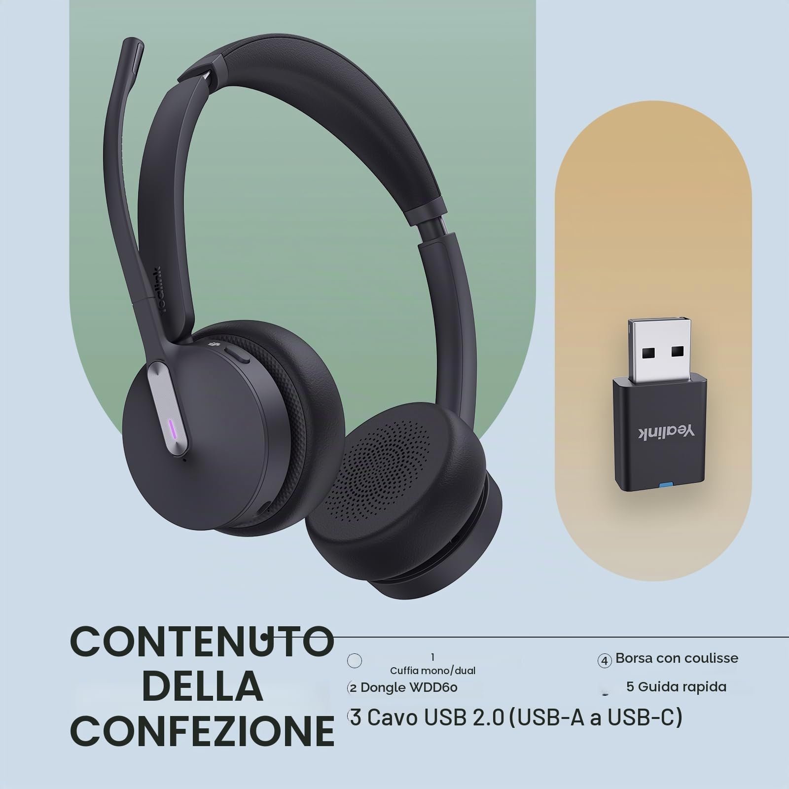 Yealink WH64 - Cuffie wireless ibride DECT e Bluetooth, portata 150 m, con dongle DECT, microfono 3x, tempo di conversazione 26h, cuffie singole per PC, cellulare, laptop