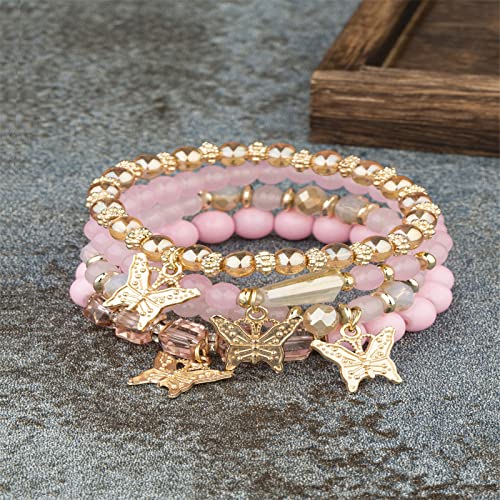 4Pcs Set Bohemian Butterfly Crystal Stone Stretch Pendant Bracelets for Women Gold Beaded Stackable Stretch Bracelet Colorful Charm Jewelry Boho Summer Beach3