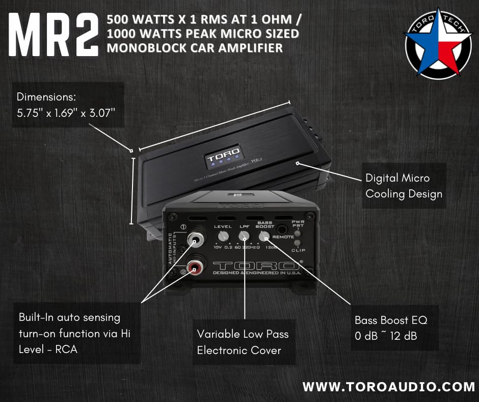 Miniatura 2 de TORO TECH MR2, 1000 vatios máx. - 500 vatios x 1 RMS 1 estable de tamaño micro monobloque amplificador de coche calidad de sonido Diseño de clase D,