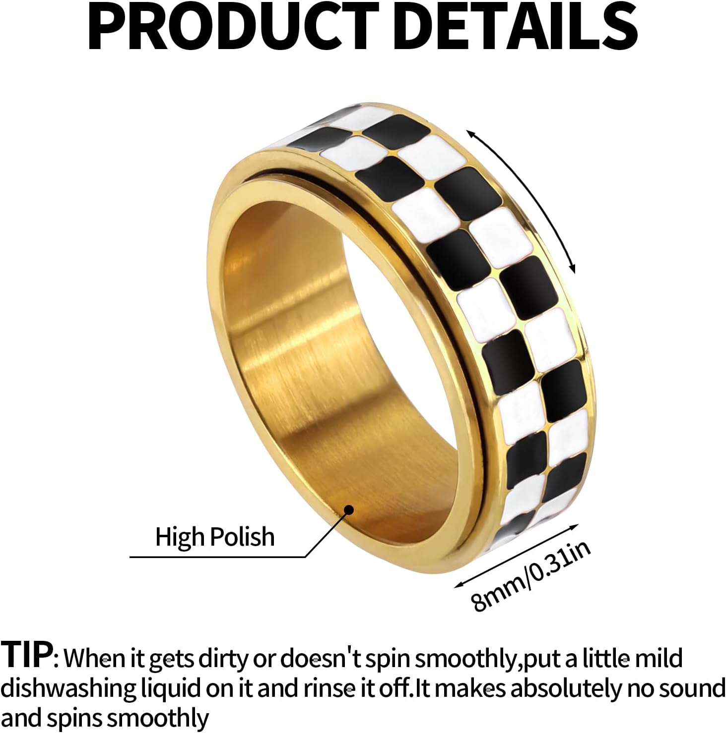 Checkered Fidget Ring, Black White Adults Rotating Spinner Ring Checkerboard Thumb Rotating Rings Gifts for Relaxation Anxiety Fidget Spinner Rings Jewelry for Adults - Image 2