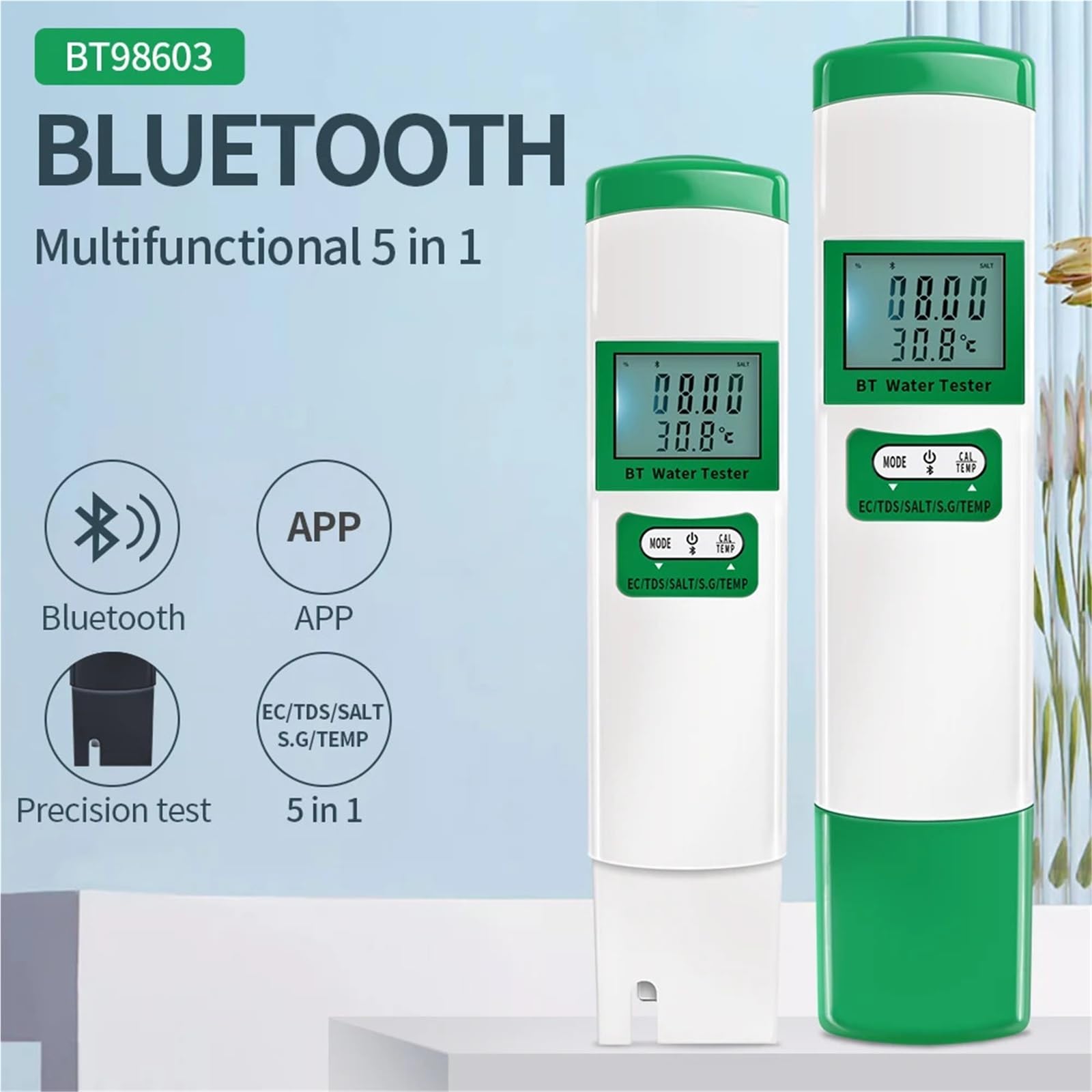 Tester Digitale 5 in 1 for la qualità Acqua, Portatile, Bluetooth, EC, TDS, Sale, SG, Temp, Controllo Tramite App, Test accurato multilingue