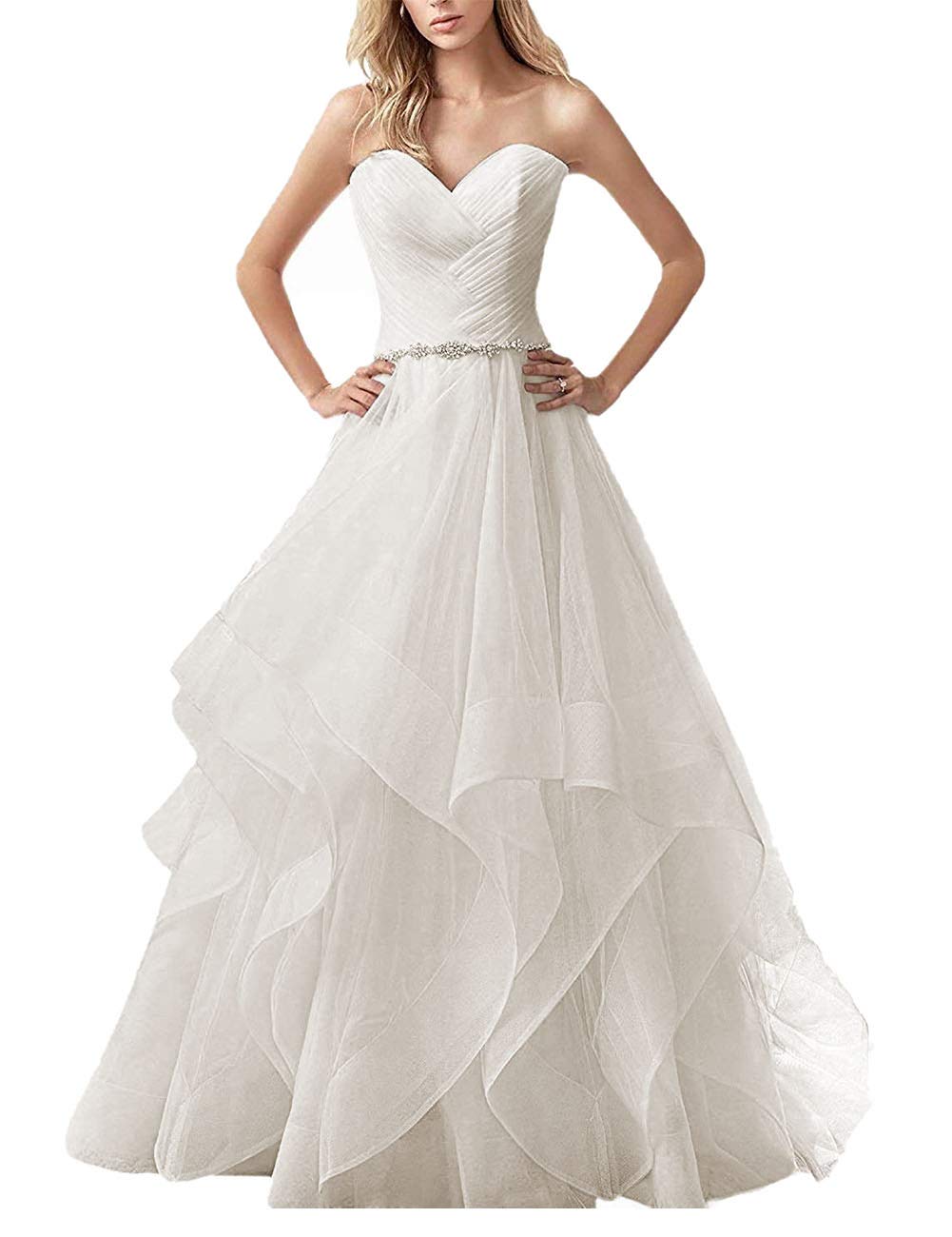 Senza Spalline A-Line Tulle Damigella d'Onore Abiti da Sera Backless con Sweetheart, Avorio, 44