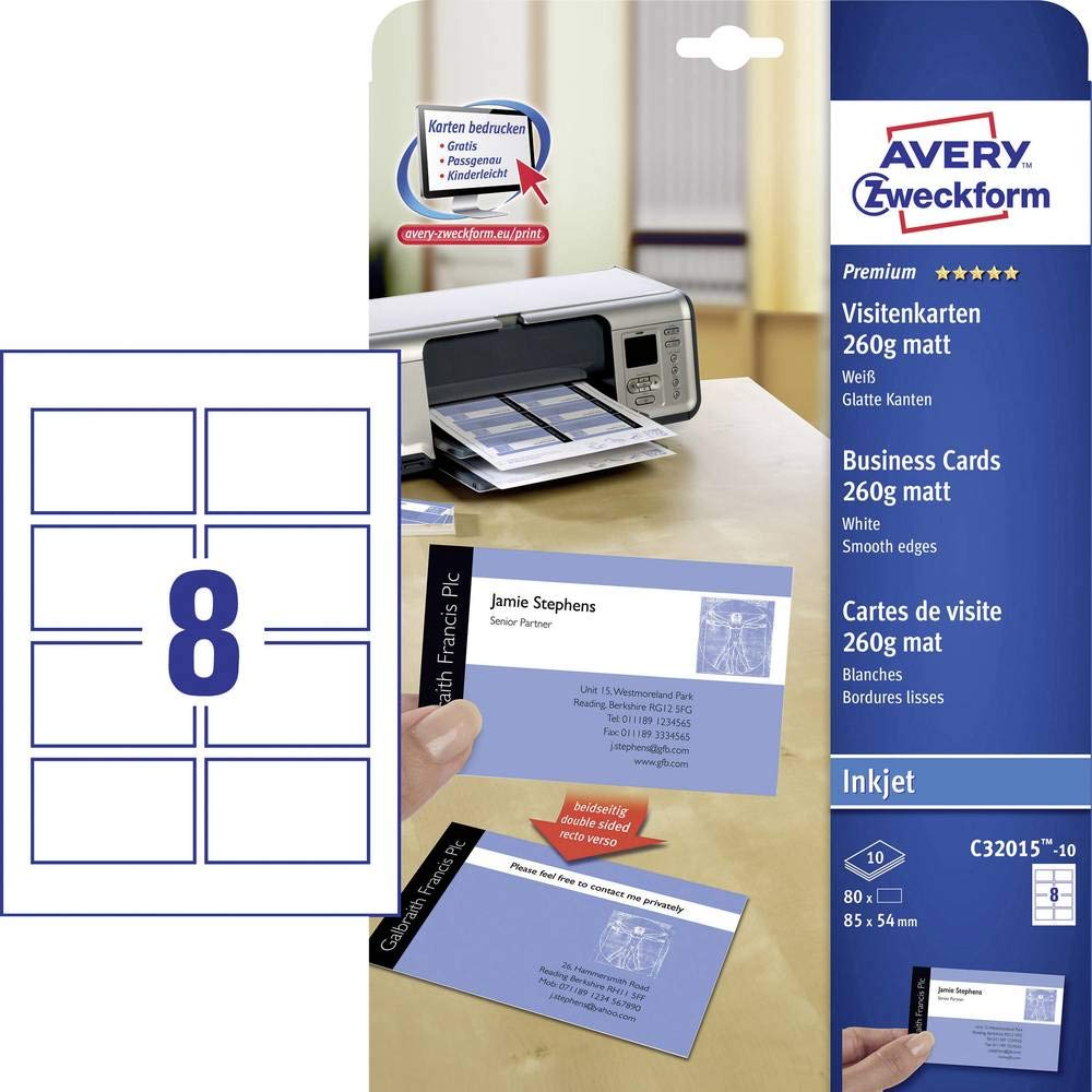 Avery Zweckform C32015-10 10 feuilles cartes de visite blanc mat 220g jet d'encre