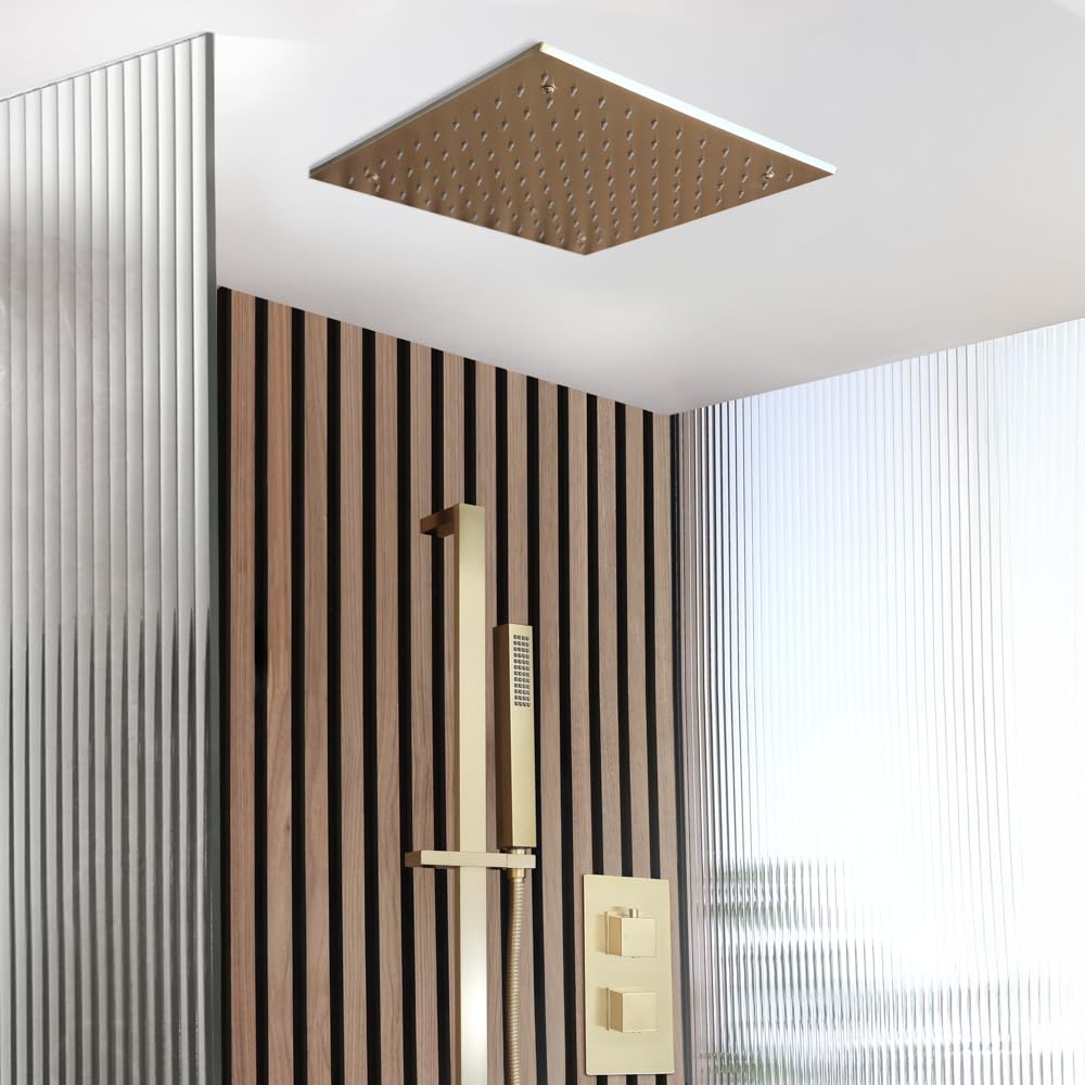 Milano Lyra Thermostatic Mixer Valve 300mm Shower Head Handset - Brushed Brass