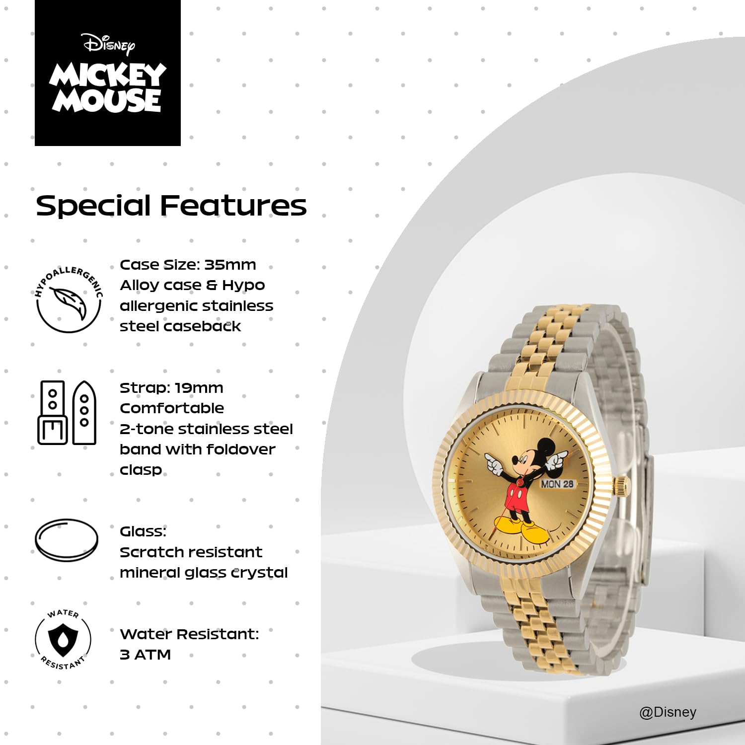 Disney Reloj analógico de Cuarzo japonés para Hombre con Correa de Acero Inoxidable NEWDS000102, Dos Tonos