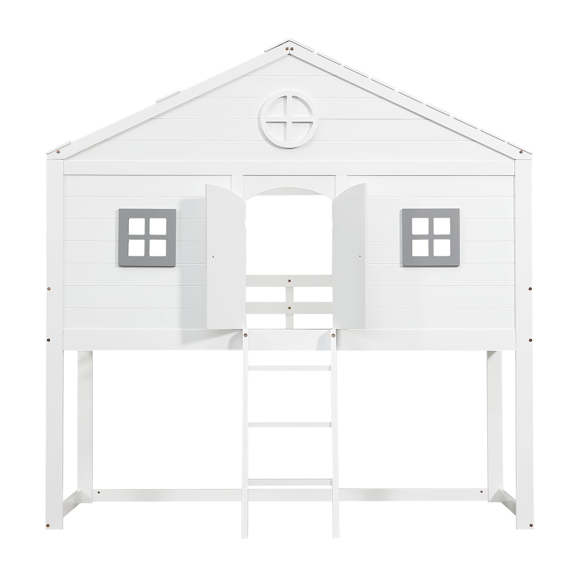 Merax Hochbett 90x200cm, Kinderbett Etagenbett mit Sicherheitsleiter, Rausfallschutz & Lattenrost, Hausbett mit Dach & Fenster, Platzsparendes Stockbett Jugendhochbett, Unterhaltungsbereich, Weiß