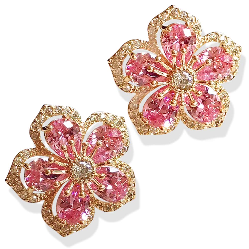 DAMLENG Handmade Chic Boho Pink Rhinestone Flower Statement Stud Earrings with Gold Flower Bud for Women Sister Mom Lover and Friends