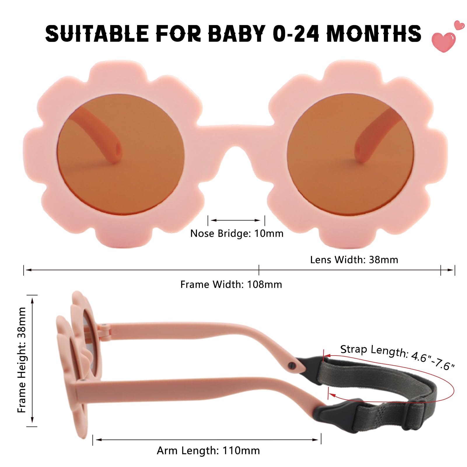 Polarizzati Occhiali da Sole Neonato 0-24 Mesi con Regolabili Cinghia Bambino Telaio in Silicone Fiore Bambina Bimba Ragazzo Ragazza Protezione UV400