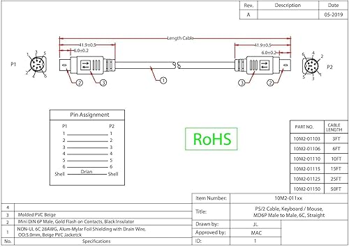 Miniatura 2 de Mini Din6 PS2 macho a macho cable adaptador de teclado y mouse MDIN6 Pin MM KVM PS2, 6 conductores 28 AWG, recto, beige, 25 pies, cable PS2 MDIN-6
