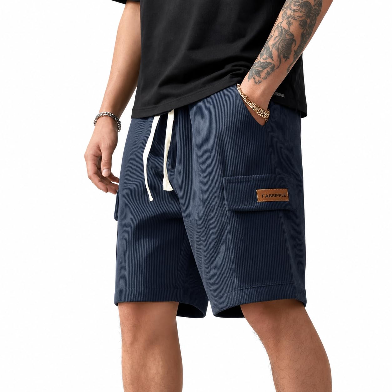 dbax Men's Black Ribbed Cargo Shorts | Textured Corduroy Style Fabric | Elastic Waist with Drawstring | Relaxed Fit Casual Summer Shorts-picture-18