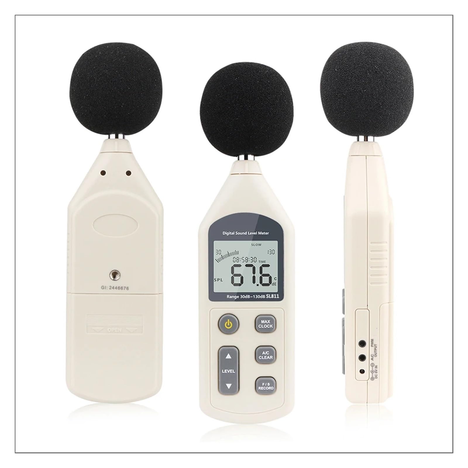 Medidor de nivel de sonido digital Sonómetro digital de 30dB a 130dB con función opcional Lp, alarma Leq ajustable para uso interior/exterior(SL811)