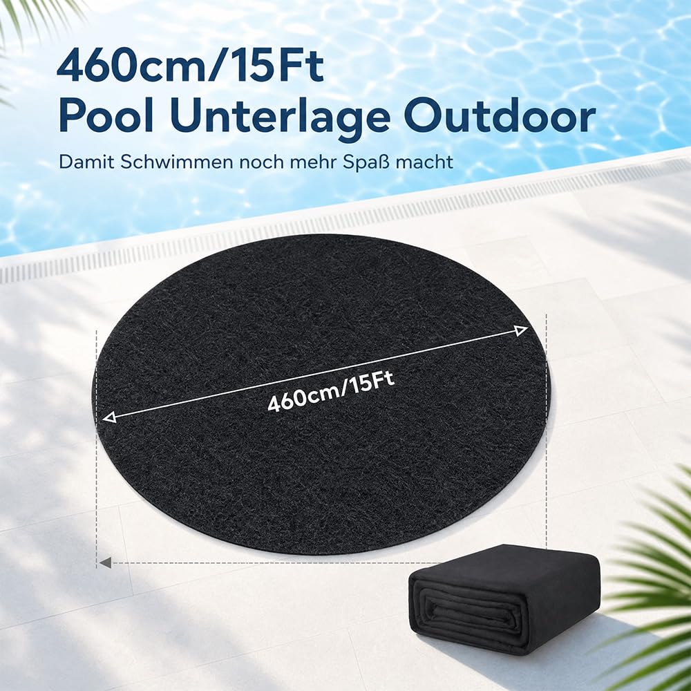 Pool Unterlage Rund, 200g/m² 460cm Pool Unterlage Outdoor | Poolmatten Schutzboden, Faltbarer Wasserabsorbierende Pool Matten Untergrund, Bodenschutzmatte Pool(Schwarz)
