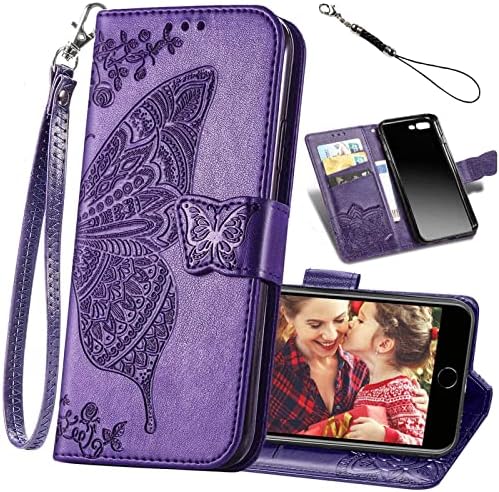 Designed for iPhone 8 Plus/iPhone 7 Plus Case,PU Leather Wallet Phone Case with Butterfly Embossed Stand Card Holder Slots Wrist Strap Flip Cover for iPhone 7 Plus/8 Plus/6 Plus/6S Plus,5.5"(Purple)