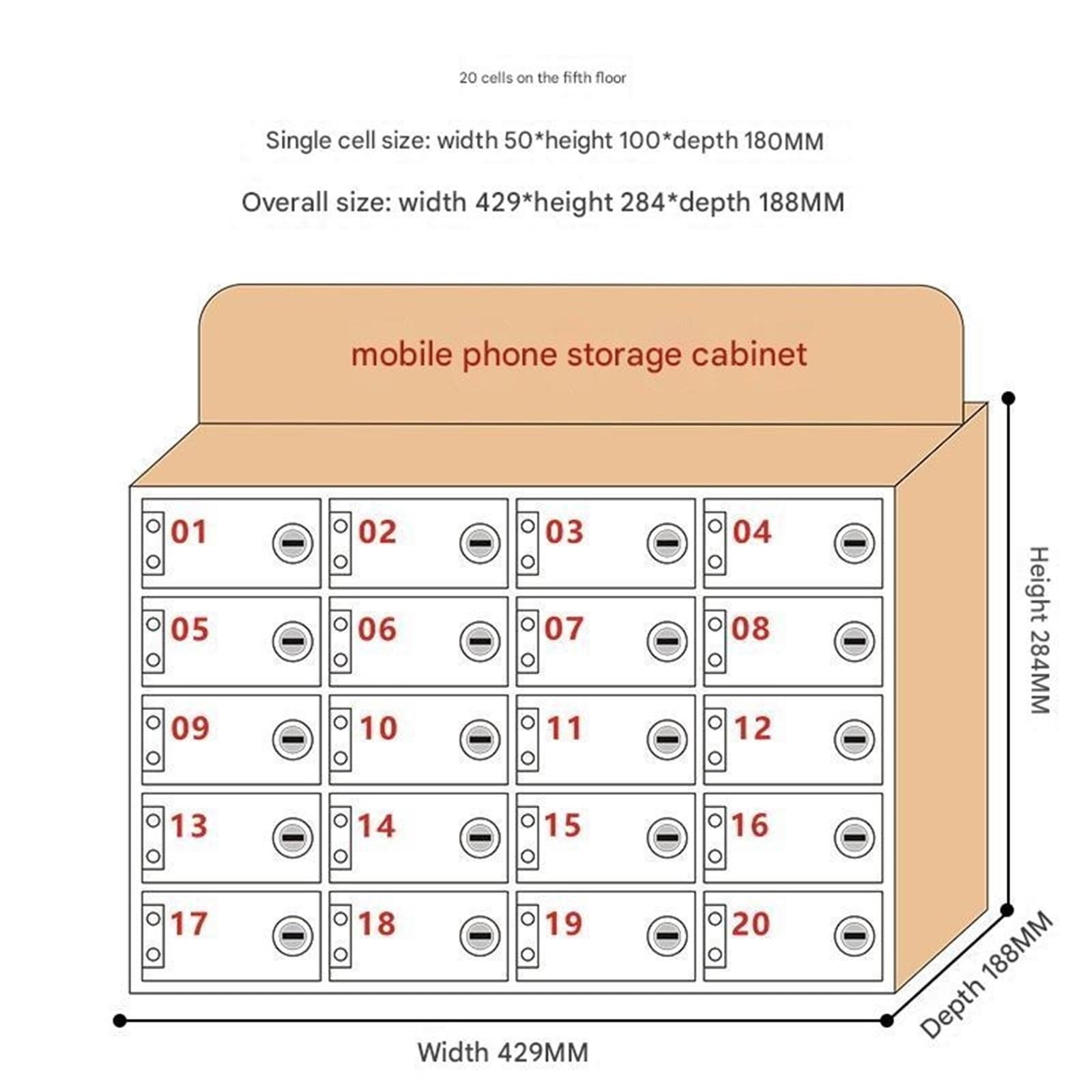 Casier de rangement mural en bois acrylique pour téléphone portable avec serrures à clés 20 poches pour bureau ou salle de classe