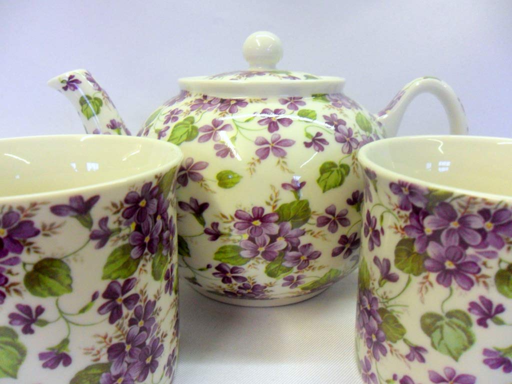 Heron Cross Pottery Assorted Tea For Two In Ditsy Violet Design By The Abbeydale Collection.