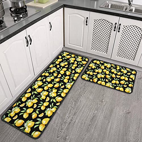 Dcohluk 2 Pieces Black Lemon Kitchen Decor Rug Set, Washable Waterproof Non-Slip Kitchen Mats and Kitchen Sink Runner Rug, Indoor Farmhouse Style Decoration 17"x47"+17"x30"