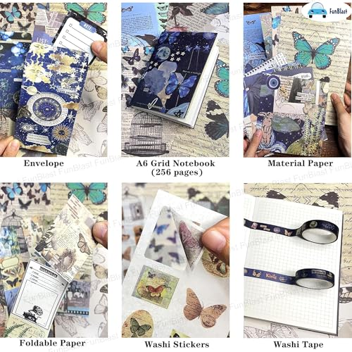 Image of FunBlast Cosmos Journal Kit, Aesthetic Scrapbooking Kit - 213 Pcs Vintage Junk Journal Supplies with Scrapbook Paper, Washi Stickers, A6 Grid Notebook, DIY Craft Journaling Gift (NavyBlue)